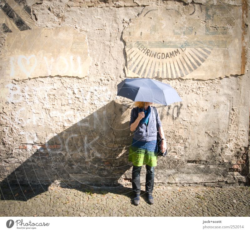 her umbrella is water-shy Style 45 - 60 years Kreuzberg Wall (barrier) Skirt Pants Sweater Umbrella Characters Graffiti Heart Stand Brown Optimism Serene