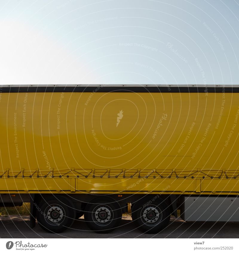 Truck yellow Workplace Economy Logistics Cloudless sky Beautiful weather Transport Means of transport Street Trailer Authentic Simple Elegant Fresh Modern
