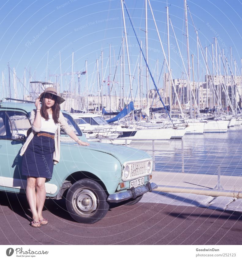 Timeless. Human being Feminine Young woman Youth (Young adults) 1 Environment Nature Weather Beautiful weather Ocean Fishing village Harbour Car Vintage car