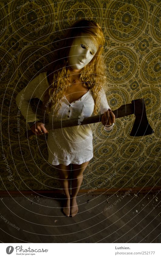 Scary Girl Axe Ruin Dress Mask Long-haired Hunting Playing Stand Aggression Exceptional Threat Blonde Dirty Dark Creepy Trashy Crazy Feminine Anger Yellow Gold