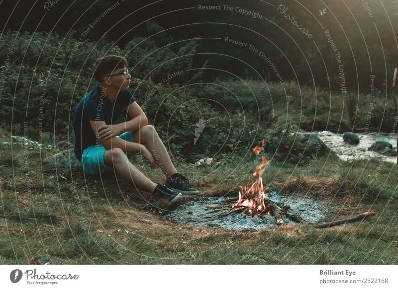 campfire atmosphere Lifestyle Vacation & Travel Adventure Camping Summer Mountain Human being Masculine 1 13 - 18 years Youth (Young adults) Nature Fire Field