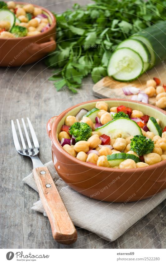 Chickpea salad Chickpeas Salad Food Healthy Eating Dish Food photograph Vegetable Nutrition Lunch Vegetarian diet Diet Wood Fresh White Cucumber Onion Broccoli