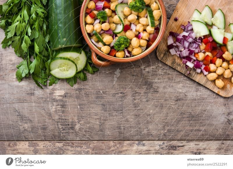 Chickpea salad isolated on wood Food Vegetable Nutrition Lunch Vegetarian diet Diet Healthy Healthy Eating Wood Fresh White Chickpeas Salad Cucumber Onion