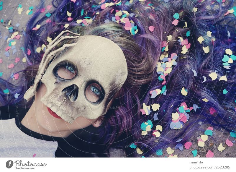 Young woman wearing a skull mask Style Design Exotic Hair and hairstyles Party Feasts & Celebrations Carnival Hallowe'en Human being Feminine
