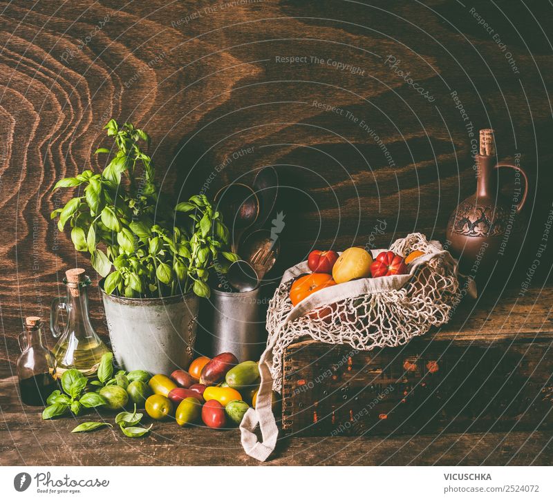Still life with colorful tomatoes Food Vegetable Herbs and spices Nutrition Organic produce Vegetarian diet Crockery Shopping Style Healthy Eating