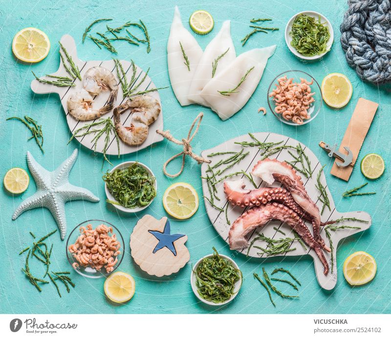 Various seafood and algae Food Seafood Nutrition Diet Shopping Design Healthy Eating Restaurant Style Shrimps Octopus Background picture Gourmet Cooking