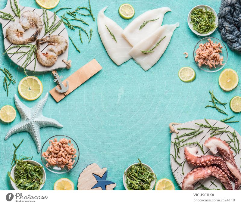 Various seafood on a blue background Food Fish Seafood Nutrition Lunch Vegetarian diet Diet Crockery Shopping Style Design Restaurant Background picture Shrimps