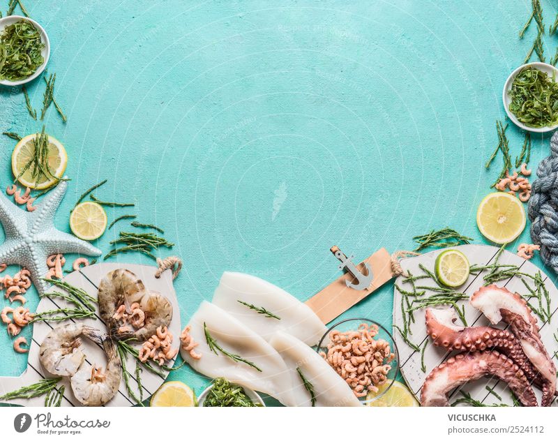 Seafood on a blue background with algae Food Nutrition Lunch Shopping Style Design Healthy Eating Restaurant Background picture Shrimps Octopus Dish Gourmet