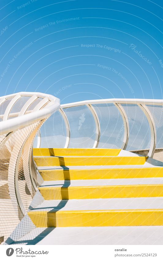 Las Setas in Sevilla - Yellow-white staircase with blue sky Stairs Blue Multicoloured White Banister Roof terrace Parasol mushroom Seville Vacation & Travel