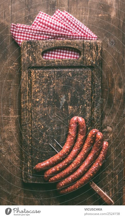Background with fried sausages for grill Food Meat Sausage Nutrition Crockery Fork Shopping Style Design Barbecue (apparatus) Bratwurst Chopping board