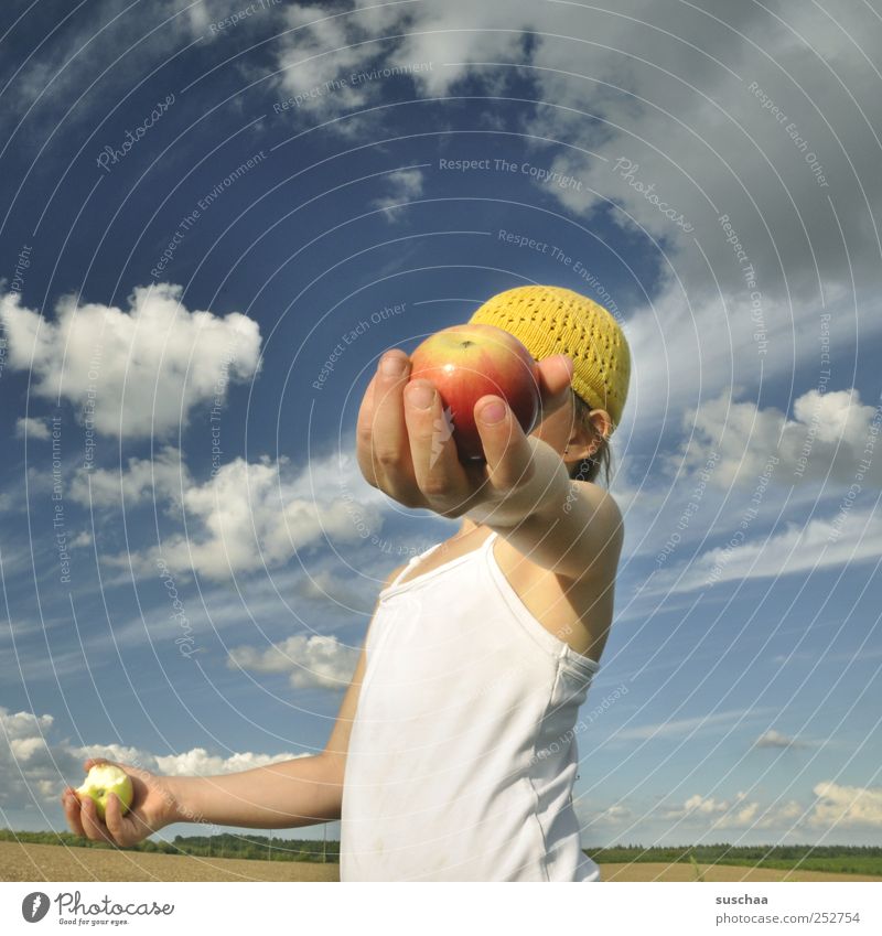 an apple halfway through the day. Androgynous Child Girl Infancy Skin Head Ear Arm Hand Fingers 3 - 8 years Environment Nature Landscape Air Sky Clouds Horizon