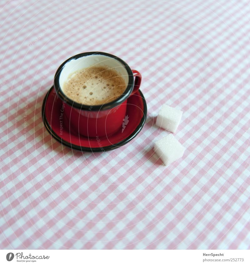 breakfast To have a coffee Beverage Hot drink Coffee Espresso Cup Living or residing Flat (apartment) Pink Red White Saucer Sugar Lump sugar Checkered
