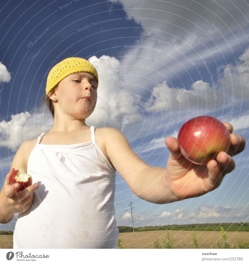 ...another apple Child Girl Infancy Skin Head Face Eyes Nose Arm Hand Fingers 3 - 8 years Environment Nature Landscape Sky Clouds Summer Beautiful weather Field