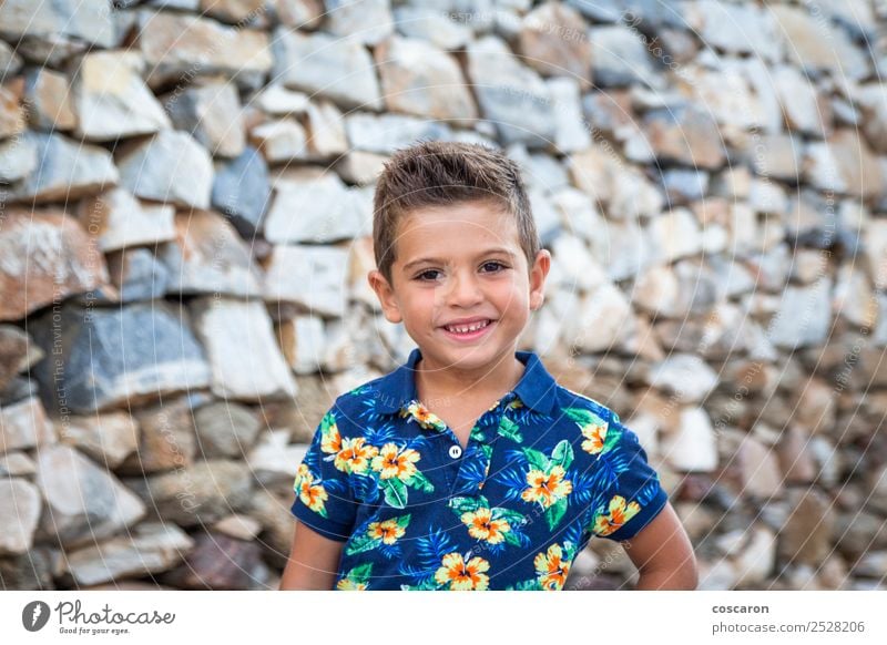 Portrait of a cute little boy against of a stone wall Style Happy Beautiful Face Summer Child Camera Human being Baby Toddler Boy (child) Man Adults Infancy 1