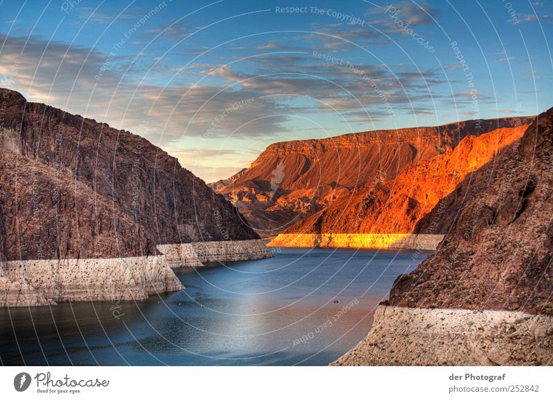 Down by the river Environment Nature Landscape Water Sky Clouds Summer Beautiful weather Rock Canyon River Calm Adventure Hoover Dam Sunset HDR Colour photo