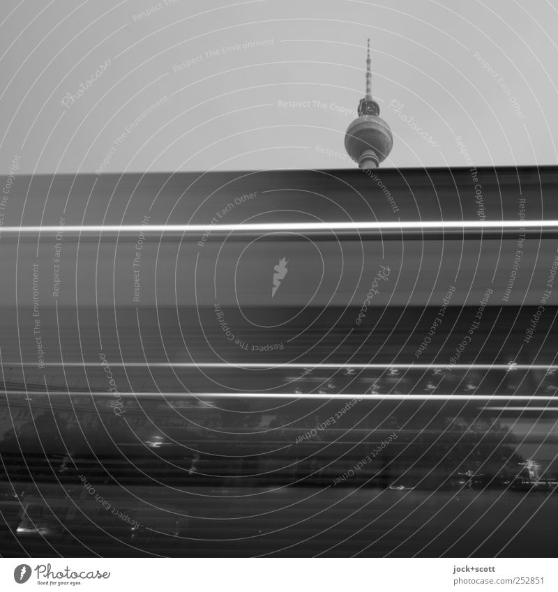 black ride Cloudless sky Capital city Downtown Tourist Attraction Berlin TV Tower Means of transport Public transit Speed Antenna Abstract Silhouette Low-key