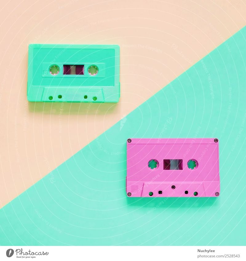 Flat lay retro colorful cassette tape Style Design Entertainment Music Media Plastic Old Listening Retro Yellow Green Pink Black Colour Nostalgia Tape cassette