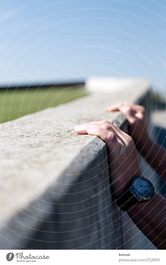 Hold the wall Human being Masculine Man Adults Life Hand Fingers 1 45 - 60 years Park Meadow Wall (barrier) Wall (building) Accessory Wristwatch Concrete wall