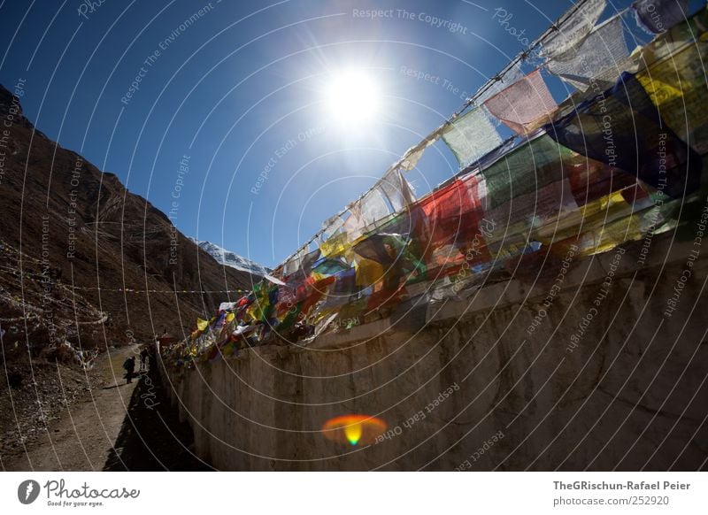 prayer flags Tourism Far-off places Mountain Hiking Blue Brown Yellow Red Black Religion and faith Prayer flags Nepal Himalayas Monastery Holy Colour photo