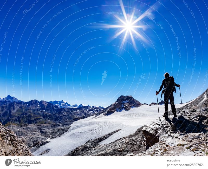 Hiker reaches a high mountain pass, Italian Alps, Val D'Aosta Vacation & Travel Adventure Expedition Summer Sun Mountain Hiking Sports Success Man Adults Nature