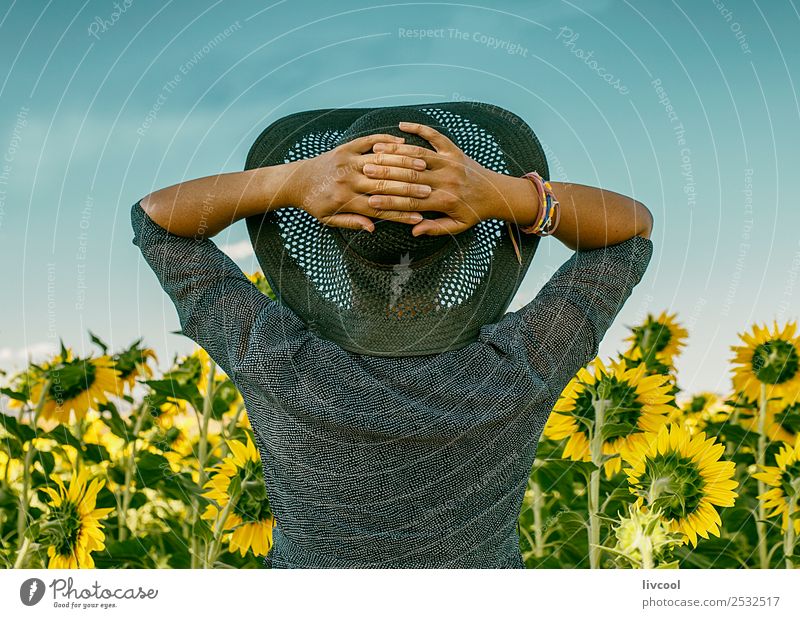 woman in sunflower field II Lifestyle Happy Beautiful Tourism Adventure Human being Feminine Woman Adults Female senior Body 1 45 - 60 years Landscape Clouds