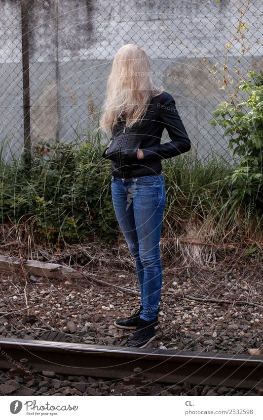 blondie Human being Feminine Young woman Youth (Young adults) Woman Adults Life 1 18 - 30 years Bushes Rail transport Railroad tracks Fashion Pants Jeans Jacket