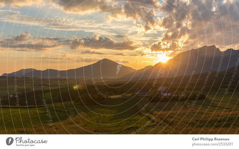 midnight sun Vacation & Travel Far-off places Summer Summer vacation Sun Mountain Nature Landscape Sky Clouds Sunrise Sunset Sunlight Meadow Island Lofotes