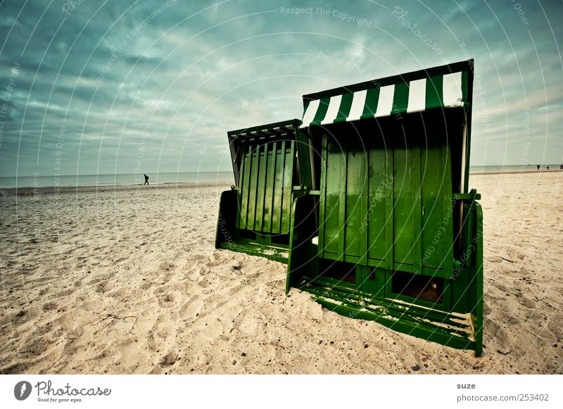 end of season Freedom Summer Beach Ocean Sand Sky Coast Baltic Sea Blue Green End Beach chair Holiday season Dramatic Closed Warnemünde Horizon Sandy beach