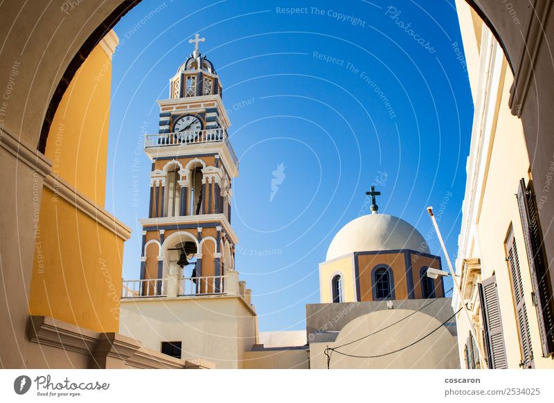 Amazing catholic cathedral in Thira, Santorini, Greece. Vacation & Travel Tourism Summer Island Clock Sky Village Church Dome Architecture Blue White