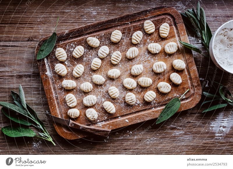 Ricotta Gnocchi with sage Food Healthy Eating Dish Food photograph Italian Food Sage Herbs and spices Cooking Raw Rustic Nutrition recipe Wooden board