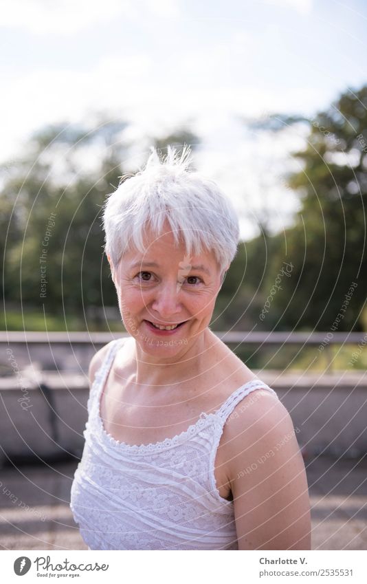 I dare you! Human being Feminine Woman Adults Female senior 1 45 - 60 years Gray-haired Short-haired Smiling Looking Illuminate Cool (slang) Brash Free