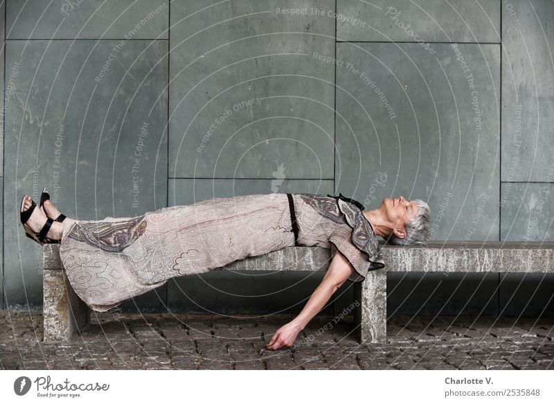 Sleeping Beauty Human being Feminine Woman Adults Female senior 1 45 - 60 years Wall (barrier) Wall (building) Bench Dress Gray-haired Short-haired Stone