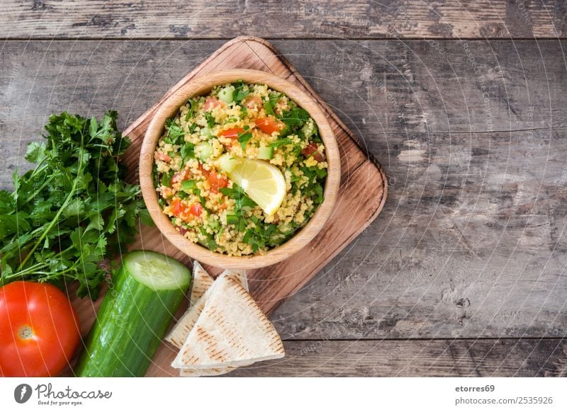 Tabbouleh salad Table Salad couscous Vegetable Tomato Cucumber Parsley Mint Vegan diet Vegetarian diet Healthy Eating Nutrition Diet Bowl Lemon Food