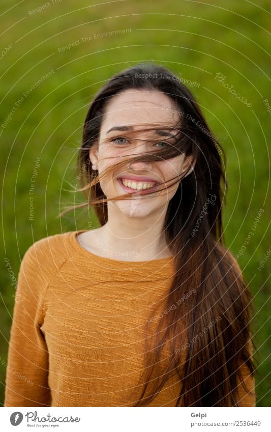 Outdoor portrait of beautiful happy teenager Happy Beautiful Face Sun Human being Woman Adults Youth (Young adults) Nature Wind Grass Park Meadow Fashion