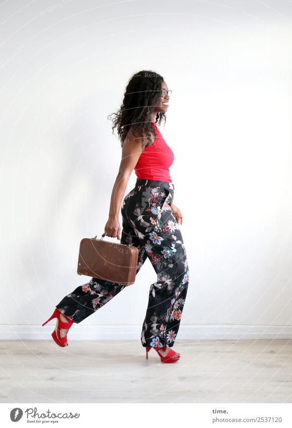 Apolline Room Feminine Woman Adults 1 Human being T-shirt Pants Suitcase Eyeglasses High heels Brunette Long-haired Curl Afro To hold on Going Laughter Looking