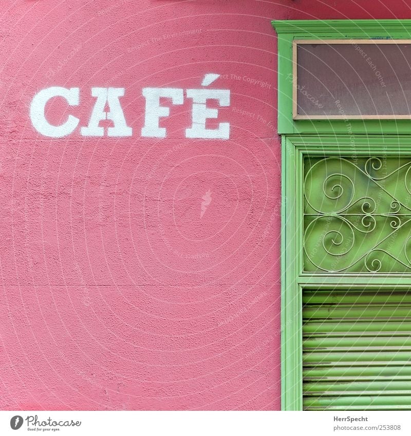 cafe Going out Downtown Old town House (Residential Structure) Wall (barrier) Wall (building) Facade Door Metal Characters Ornament Green Pink Café Closed