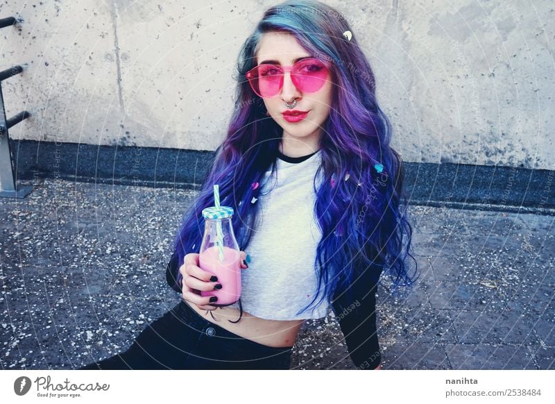 Alternative woman drinking a milkshake Beverage Cold drink Milkshake Lifestyle Style Design Exotic Hair and hairstyles Party Feasts & Celebrations Birthday