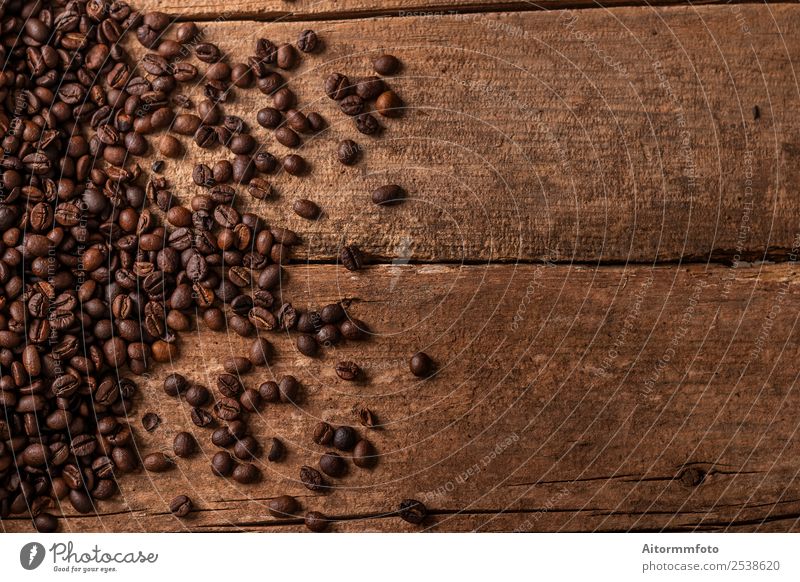 Coffee beans on wooden table background Grain Breakfast Lifestyle Table Wood Love Fresh Hot Delicious Natural Brown Energy Colour arabica Aromatic bag barista
