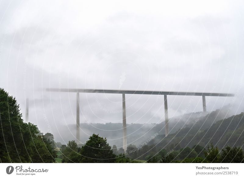 Modern high bridge over wooded hills and fog Vacation & Travel Technology Nature Landscape Clouds Fog Forest Hill Braunsbach Germany Architecture Transport