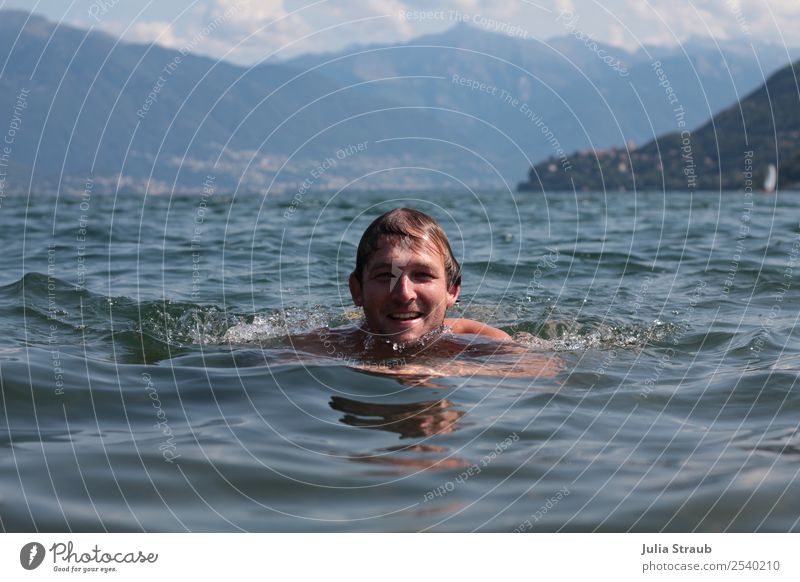 Enjoy swimming View Lake Masculine Man Adults 1 Human being 30 - 45 years Nature Water Summer Beautiful weather Mountain Lago Maggiore Brunette Movement