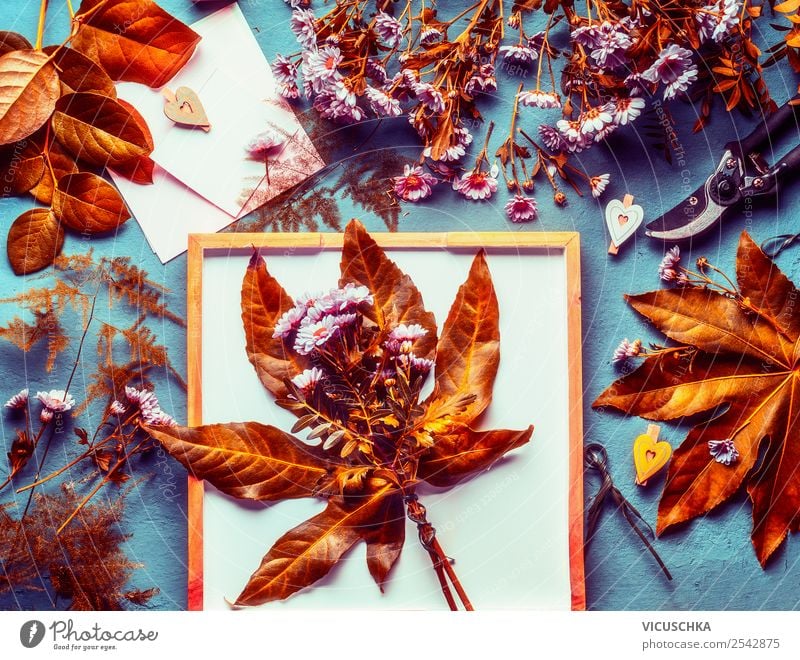 Autumn bouquet on the table with autumn leaves Lifestyle Style Design Decoration Table Nature Plant Flower Leaf Bouquet Yellow Arranged Still Life Floristry