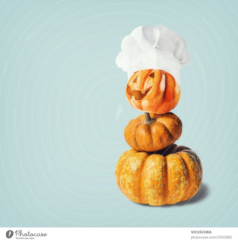Pumpkin male with cook hat Food Nutrition Shopping Style Design Joy Feasts & Celebrations Thanksgiving Hallowe'en Yellow Moody Tradition Background picture Cook