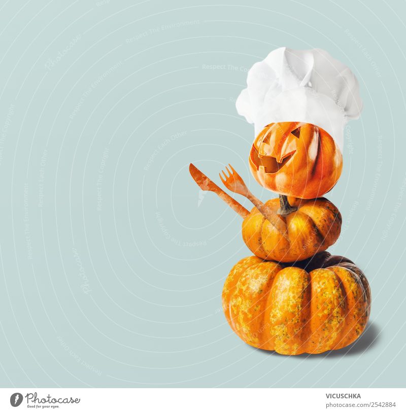 Pumpkin male with chef's hat Food Vegetable Nutrition Style Design Joy Feasts & Celebrations Thanksgiving Hallowe'en Decoration Yellow Tradition