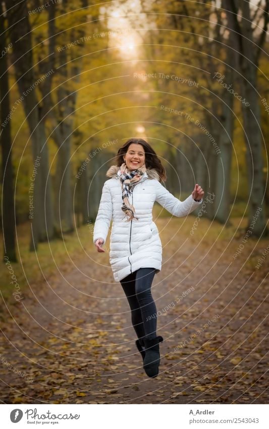 Airy joy jump in the woods. Human being Feminine Young woman Youth (Young adults) 1 18 - 30 years Adults Nature Autumn Park Pedestrian Lanes & trails Fashion
