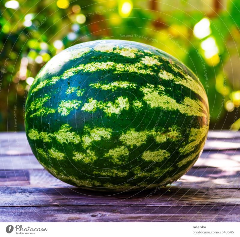 ripe green round watermelon Fruit Nutrition Vegetarian diet Summer Sun Table Nature Wood Eating Fresh Natural Juicy Green Colour whole Water melon background