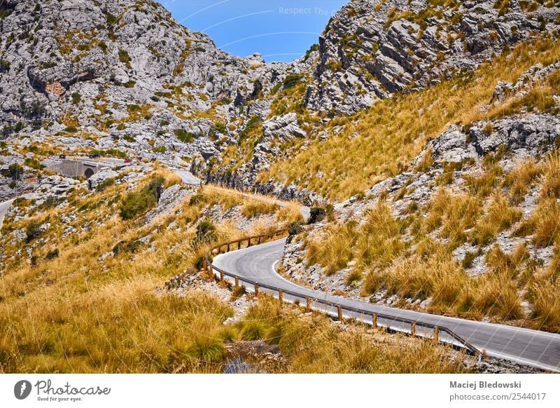 Curvy stretch of a mountain road. Vacation & Travel Tourism Trip Adventure Far-off places Freedom Expedition Cycling tour Summer Mountain Landscape Autumn Hill
