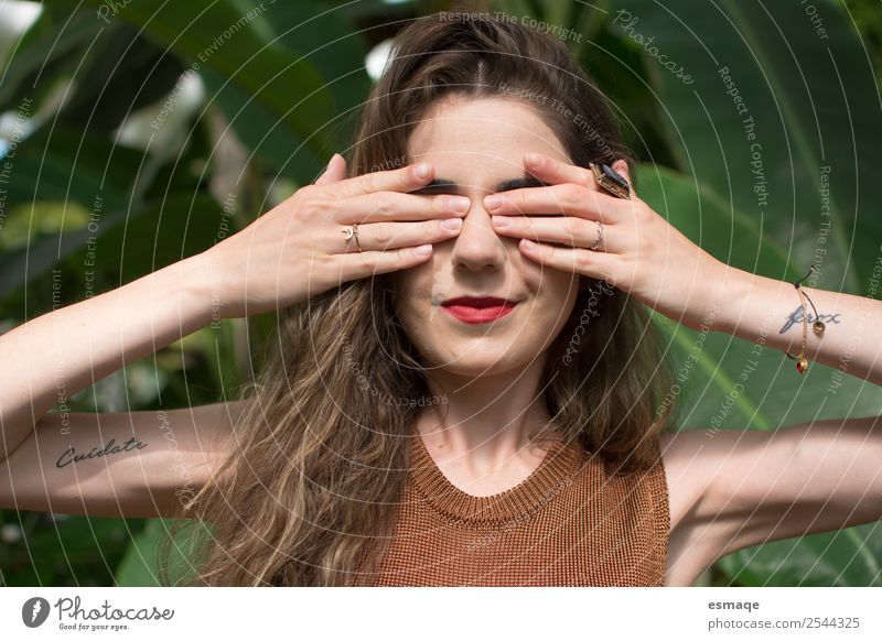 Portrait of young woman with closed eyes in nature Lifestyle Exotic Joy Beautiful Healthy Wellness Relaxation Calm Meditation Spa Young woman