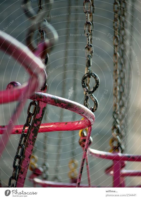 Time out or retirement Chairoplane Chain link Metal Relaxation pink Pink Loneliness Adventure Safety Stagnating Empty Abrasion Chain reaction Seat Deserted