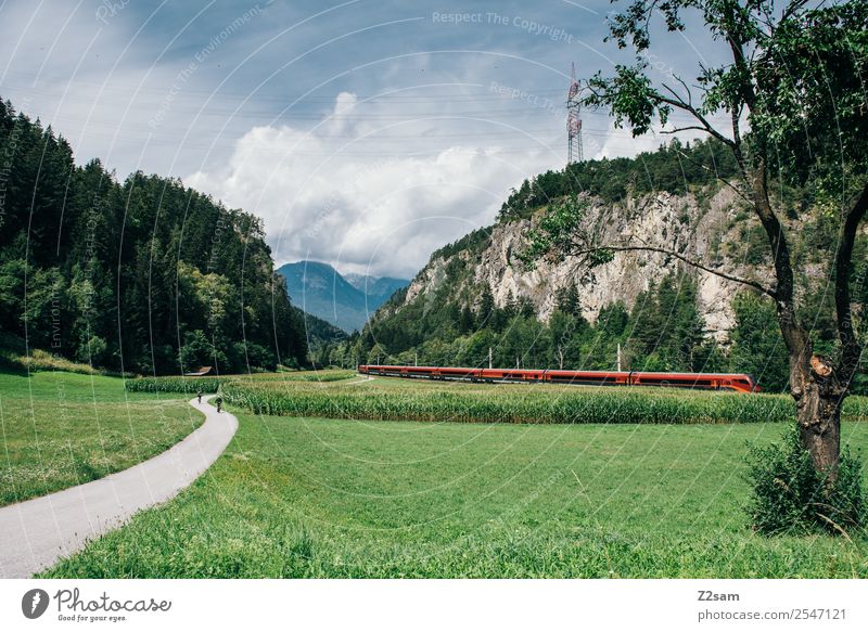 rail country Vacation & Travel Tourism Trip Mountain Hiking Nature Landscape Sun Summer Beautiful weather Alps Means of transport Traffic infrastructure
