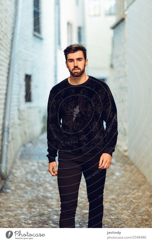 Young bearded man, model of fashion, looking at camera Lifestyle Style Beautiful Hair and hairstyles Human being Masculine Young man Youth (Young adults) Man